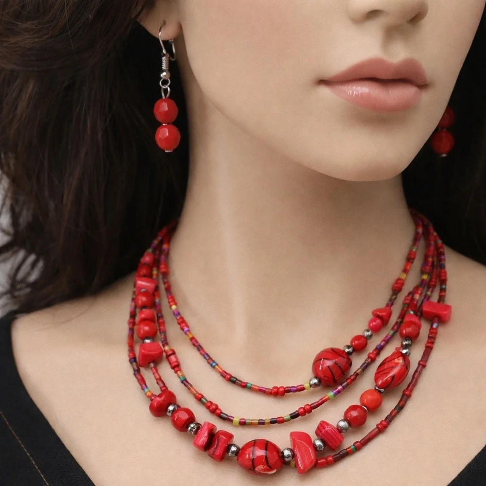 Women's Red Colorful Various Beads Sizes Layered Necklace w/ Matching Earrings